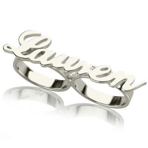 Customized Unique Nameplate Ring - Personalized Allegro Two Finger Name Ring Sterling Silver