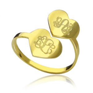 Double Heart Ring Engraved Monogram 18k Gold Plated