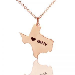 USA State Texas Map Necklace With Heart & Name Rose Gold