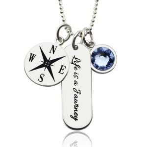 Engraved Compass Bar Necklace with Birthstone Graduation Jewelry