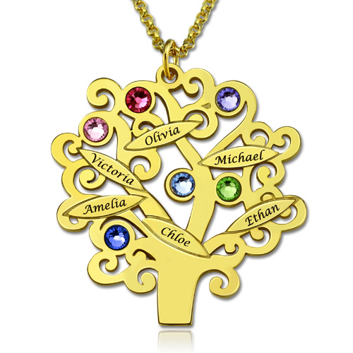 Fio com árvore genealógica gravada com pedras zodiacais em ouro