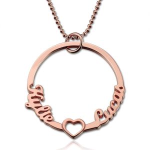 Collana con 2 nomi di cerchio personalizzati con cuore in oro rosa