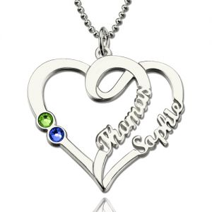 Couple Heart Names Necklace with Birthstones Sterling Silver