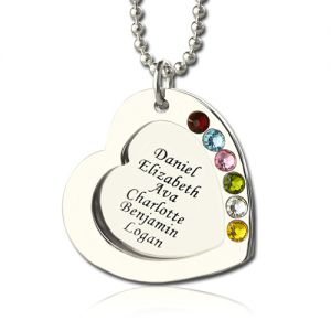 Mother's Heart Necklace Engraved 6 Names and Birthstones