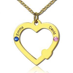 Ingenious 18k Gold Open Heart Necklace with Double Names & Birthstones