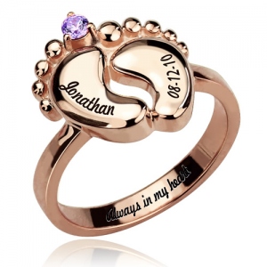 Engraved Baby Feet Ring with Birthstone Platinum Plated