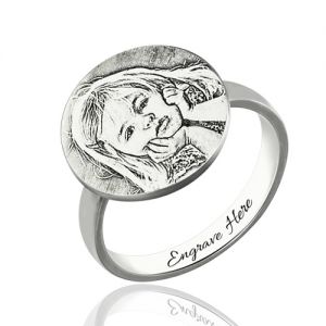 Personalized Ring Engraved Etched Photo For Mom in Silver
