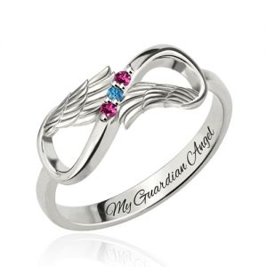 Silver Engraved Angel Wings Infinity fancy Ring with Birthstones