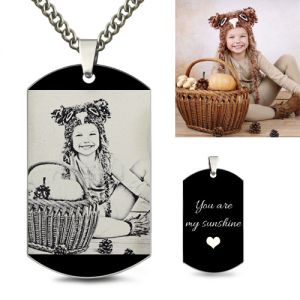 Black Dog Tag Necklace Engraved with daughter's Photo 