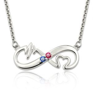 Platinum Infinity Love Heartbeat Necklace with Engraved Birthstone 