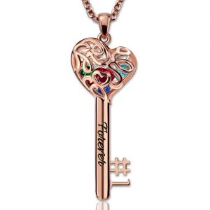 Birthstones Heart and Key Pendant Mom Caged Necklace In Rose Gold