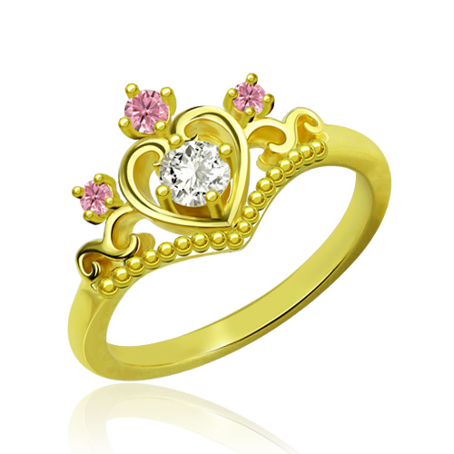Anel com chave para tiara de princesa com pedras zodiacais banhado a ouro