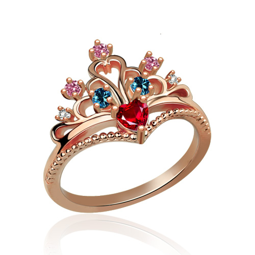 Anel de coroa de princesa em coração de várias pedras em ouro rosa