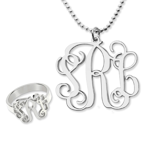 Mix & Match Monogram Ring & Monogram Necklace Set Sterling Silver