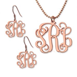 Customized Small Monogram Necklace & Earrings Set In Rose Gold