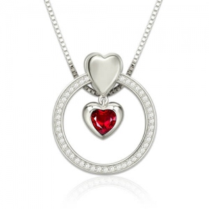 Charming Custom Heart Birthstone Circle Necklace Sterling Silver