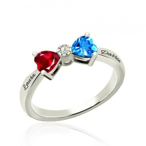 Custom Heart Birthstone Bow Couples Names Ring Sterling Silver