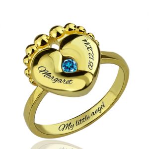 Engraved Baby Feet Birthstone Ring For New Mom Silver