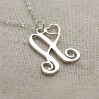 One Initial With Heart Monogram Necklace Solid White Gold