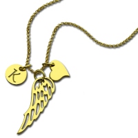 Good Luck Angel Wing Necklace with Initial Charm 18k Gold