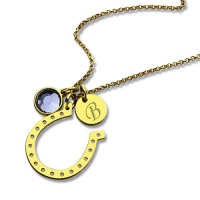 Distinctive Birthstone Horseshoe Lucky Necklace with Initial Charm 18k Gold Plate