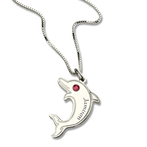 Colar com golfinho com pedra zodiacal e nome em prata de lei