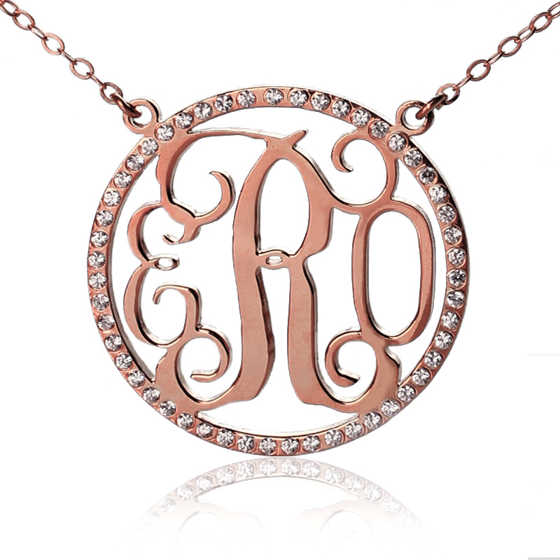Colar com pendente com inicial do monograma de pedra de nascimentocom círculo rosa dourado