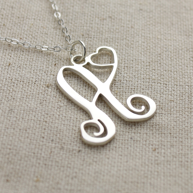 One Initial With Heart Monogram Necklace Solid White Gold - GetNameNecklace