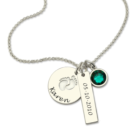 Collar Corazón Plata Bañada Regalo Collar Personalizado De Pies De Bebé Con Piedra De Nacimiento • Joyas Del Día De Las Madres • Colgante De Dije De Pie Grabado Con Caja De