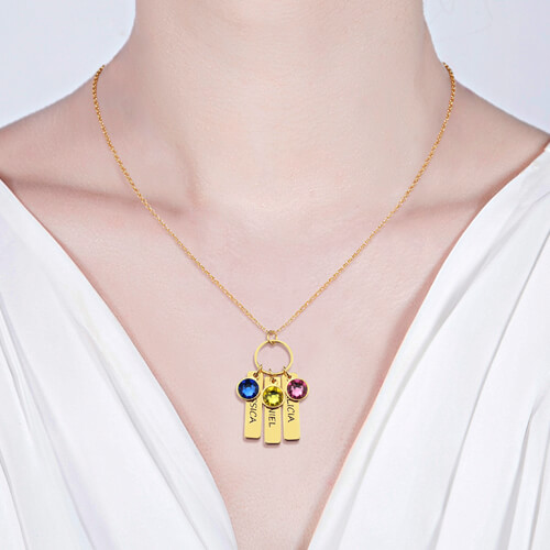 Kids Bar Gold Necklace with Birthstones 