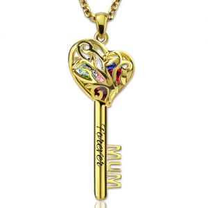 Sweet Heart Key Pendant Mom Caged Necklaces With Birthstones Gold Plated