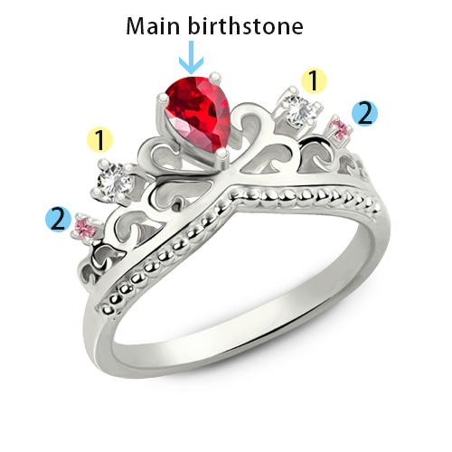 Romântico anel de coroa de princesa com pedras zodiacais em prata