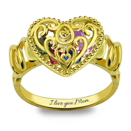 Platinum-Plated "MOM" Heart Cage Ring with Birthstone