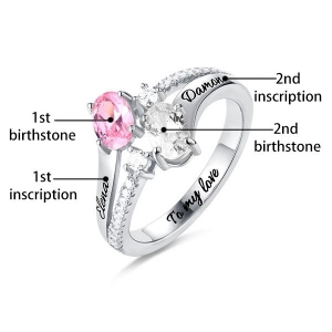 Engraved Double Oval Birthstones Ring In Silver