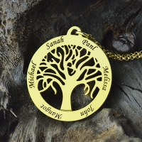 Circle 5 Family Names Tree of Life Pendant Necklace in Gold