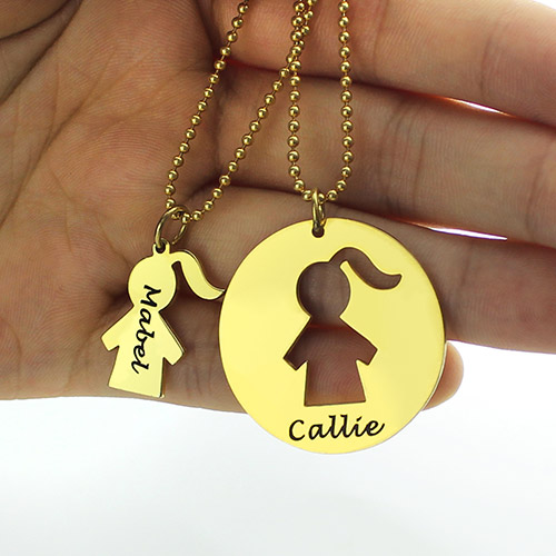 Mother and Child Necklace Set with Name 18k Gold Plated