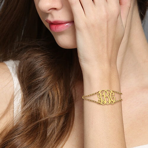 PAVED ANAGRAM DOUBLE CHAIN GOLD BRACELET