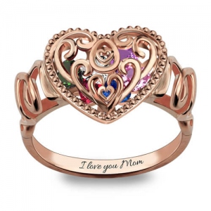 Platinum Plated "MOM" Heart Cage Ring with Birthstones