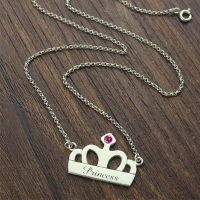 Crown Charm Necklace with Birthstone & Name Sterling Silver