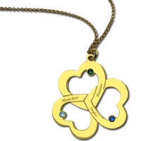 Birthstone Triple Heart 3 Names Necklace Engraved in Gold