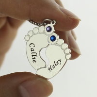 Aesthetic Personalized Baby Feet Name Necklace with Birthstone Silver