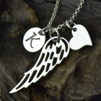 Girl's Angel Wing Necklace Gift With Heart & Initial Charm
