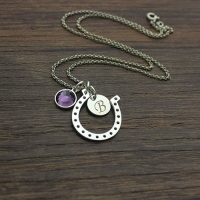 Horseshoe Good Luck Necklace with Initial & Birthstone Charm