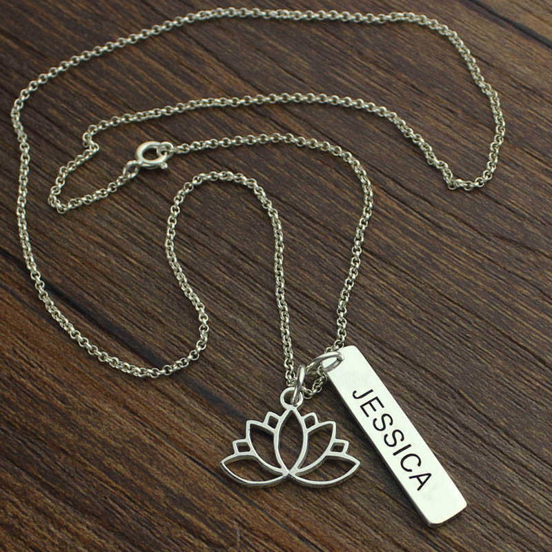 Yoga Necklace with Lotus Flower & Engraved Name Bar GetNameNecklace