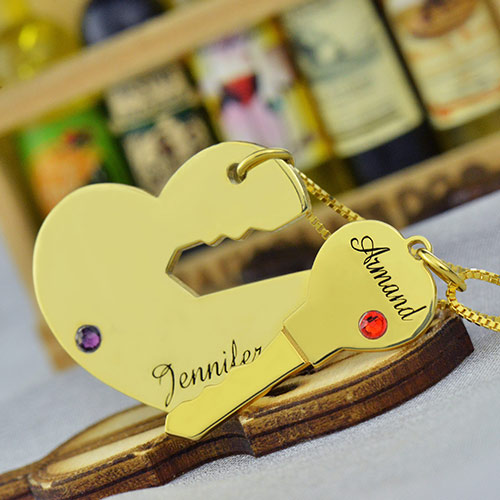 key to my heart couple name pendant necklaces gold