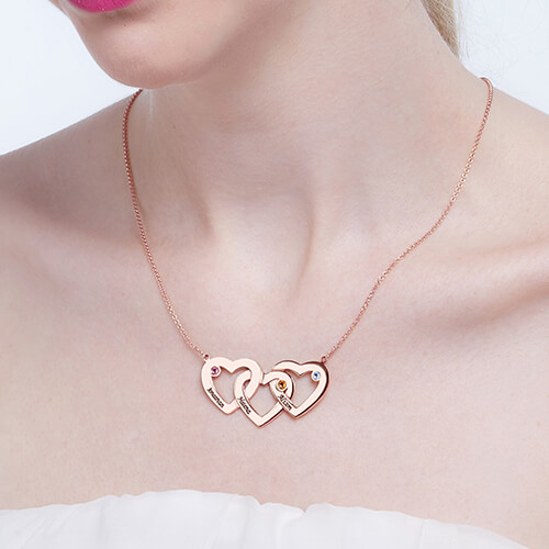 3 Intertwined Hearts Birthstones Name Necklace Rose Gold - GetNameNecklace