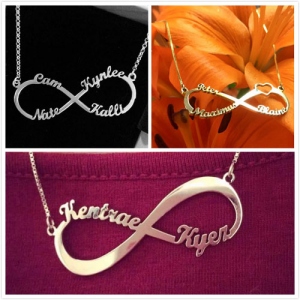 Targhetta con nome infinito in argento sterling inciso personalizzato, regalo di gioielli con ciondolo personalizzato per le donne