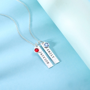 Engraved Hammered Bar Necklace with Birthstones Pure Silver