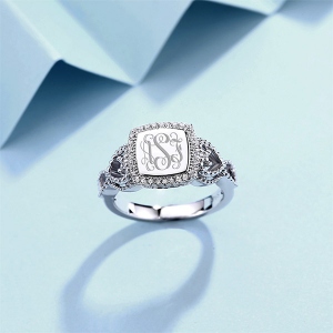Classic Engraved Monogram Ring with Crystal for Women