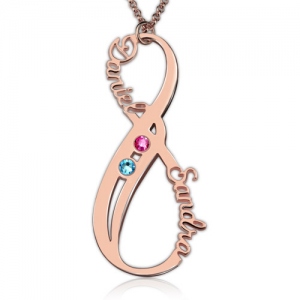 Elegant and Vertical Infinity 2 Names Necklace with Birthstones Rose Gold